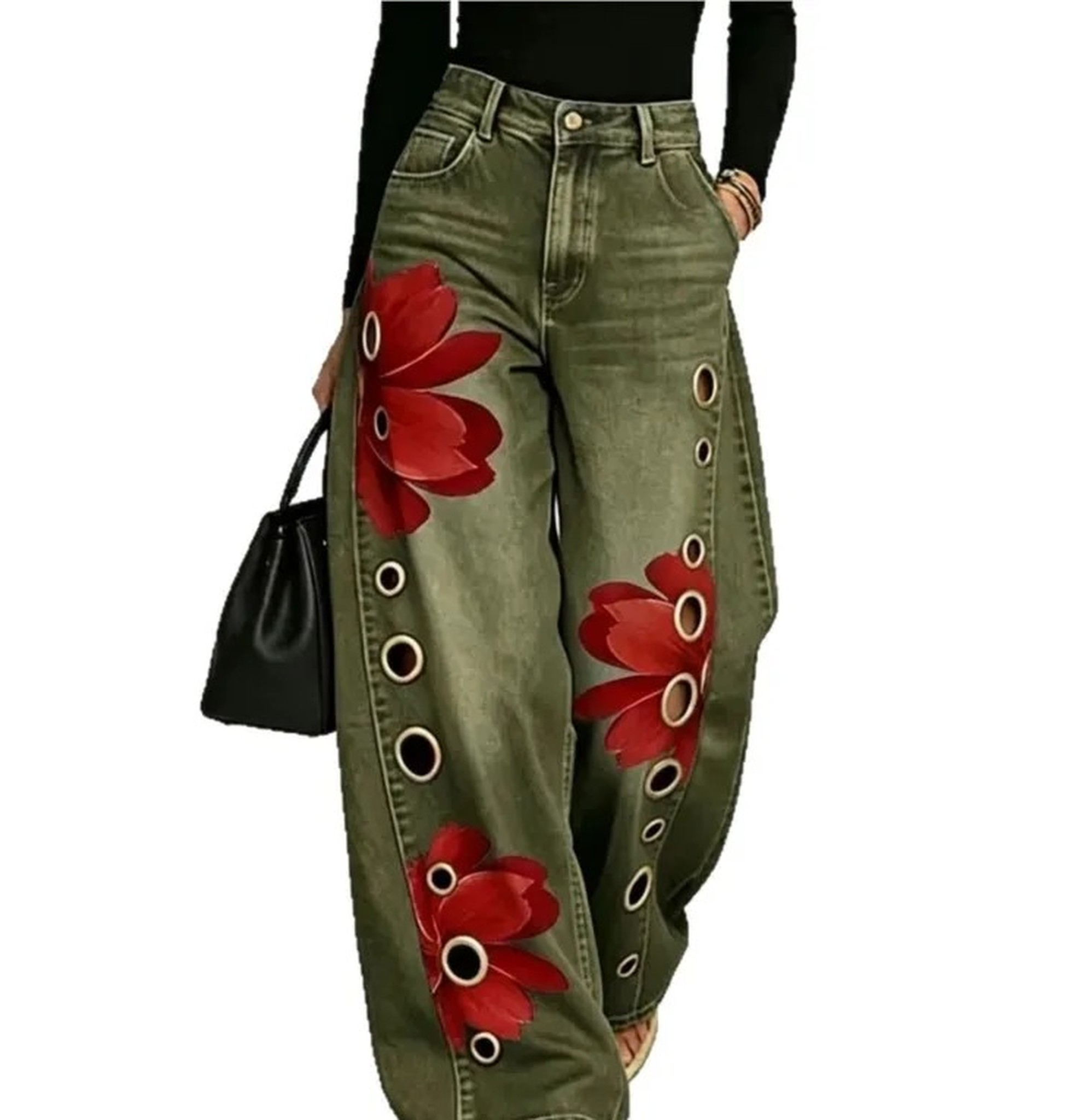 wariant oliwkowy na modelce, widoczne cieniowanie tkaniny imitującej sprany jeans