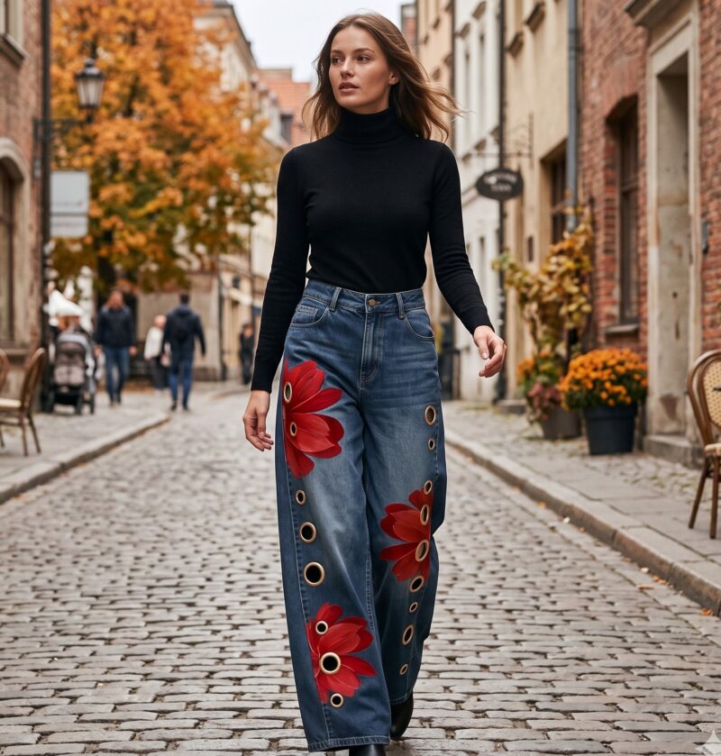 Spodnie damskie szerokie w czerwone kwiaty, imitacja jeansu, wysoki stan - wariant ciemnoniebieski, modelka na jesiennej ulicy starego miasta, czarny golf, naturalne światło