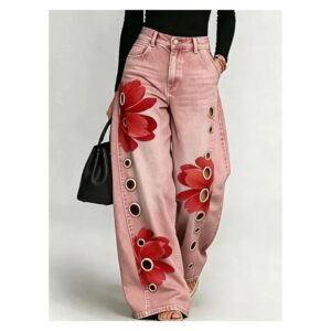 Spodnie damskie szerokie w czerwone kwiaty, imitacja jeansu, wysoki stan - wariant różowy, XL
