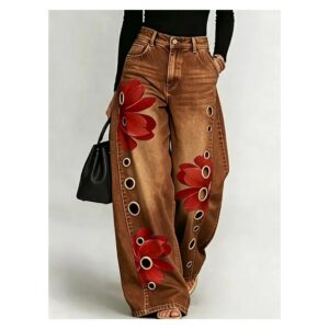Spodnie damskie szerokie w czerwone kwiaty, imitacja jeansu, wysoki stan - wariant brązowy, XL