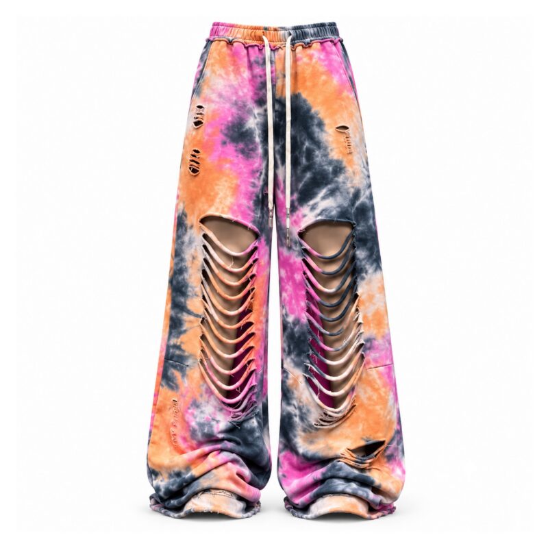 Spodnie damskie szerokie tie-dye z rozcięciami, na gumce ze sznurkiem - wariant pomarańczowo-różowy, L