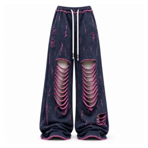 Spodnie damskie szerokie tie-dye z rozcięciami, na gumce ze sznurkiem - wariant granatowy, XL