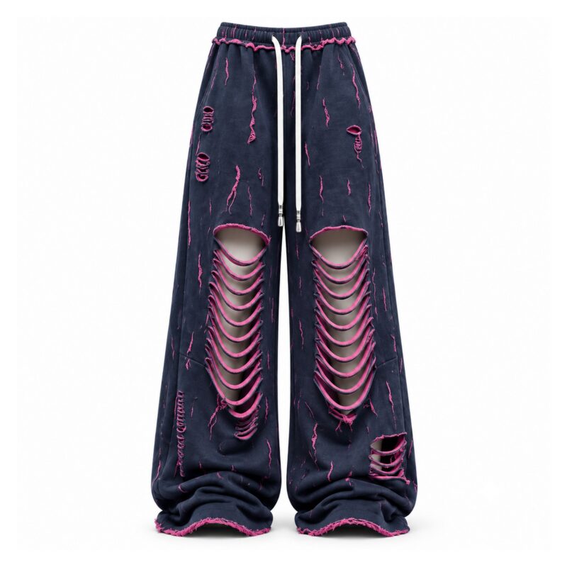 Spodnie damskie szerokie tie-dye z rozcięciami, na gumce ze sznurkiem - wariant granatowy, XL