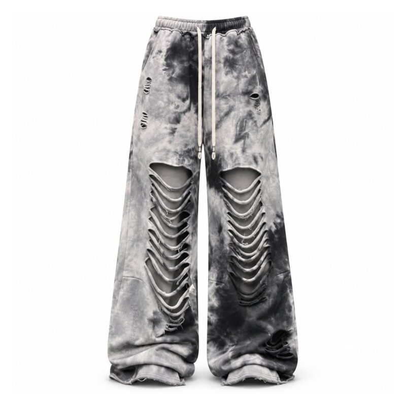 Spodnie damskie szerokie tie-dye z rozcięciami, na gumce ze sznurkiem - wariant szary, XL
