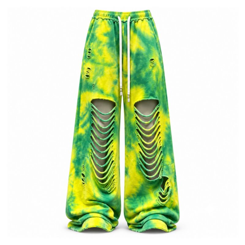 Spodnie damskie szerokie tie-dye z rozcięciami, na gumce ze sznurkiem - wariant żółto-zielony, L