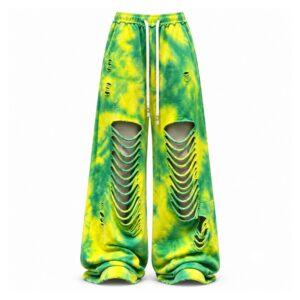 Spodnie damskie szerokie tie-dye z rozcięciami, na gumce ze sznurkiem - wariant żółto-zielony, XL