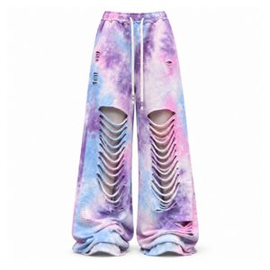 Spodnie damskie szerokie tie-dye z rozcięciami, na gumce ze sznurkiem - wariant fioletowo-błękitny, L