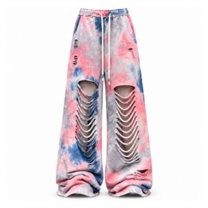 Spodnie damskie szerokie tie-dye z rozcięciami, na gumce ze sznurkiem - wariant różowo-niebieski, L