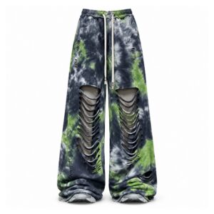 Spodnie damskie szerokie tie-dye z rozcięciami, na gumce ze sznurkiem - wariant zielono-grafitowy, L