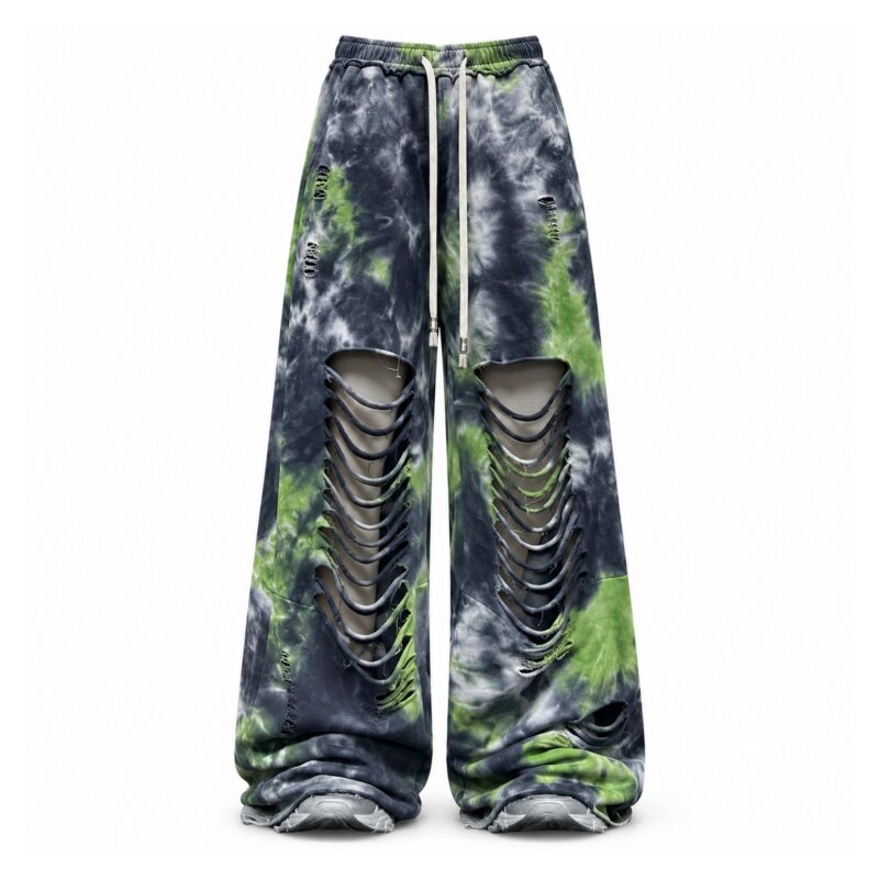 Spodnie damskie szerokie tie-dye z rozcięciami, na gumce ze sznurkiem - wariant zielono-grafitowy, L