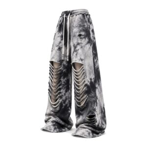 Spodnie damskie szerokie tie-dye z rozcięciami, na gumce ze sznurkiem - wersja zielono-grafitowa, ghost mannequin, bez napisów
