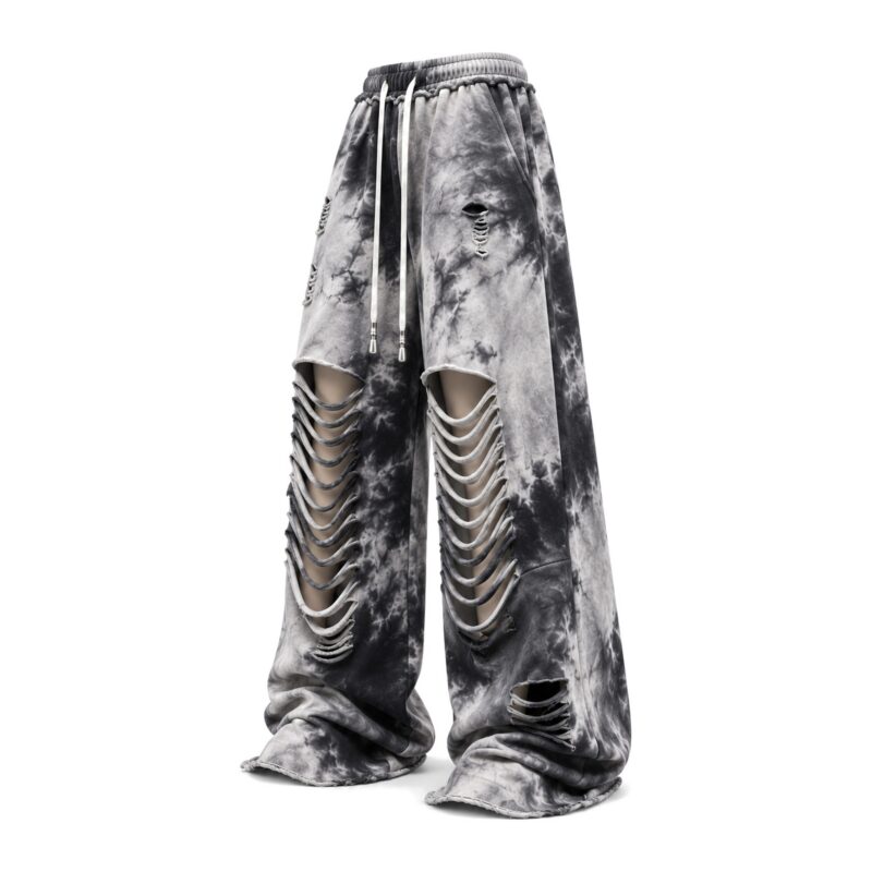 Spodnie damskie szerokie tie-dye z rozcięciami, na gumce ze sznurkiem - wersja zielono-grafitowa, ghost mannequin, bez napisów