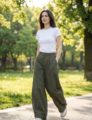 Spodnie damskie szerokie z zakładkami, wysoki stan, bawełna z nylonem - modelka w oliwkowych spodniach w jasnym miejskim parku, bez logo
