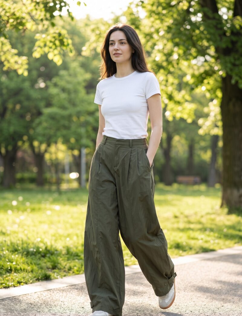 Spodnie damskie szerokie z zakładkami, wysoki stan, bawełna z nylonem - modelka w oliwkowych spodniach w jasnym miejskim parku, bez logo