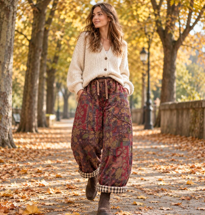 Spodnie damskie sztruksowe ocieplane z nadrukiem, balonowe, bordowe - autumn park alley, model in knit cardigan