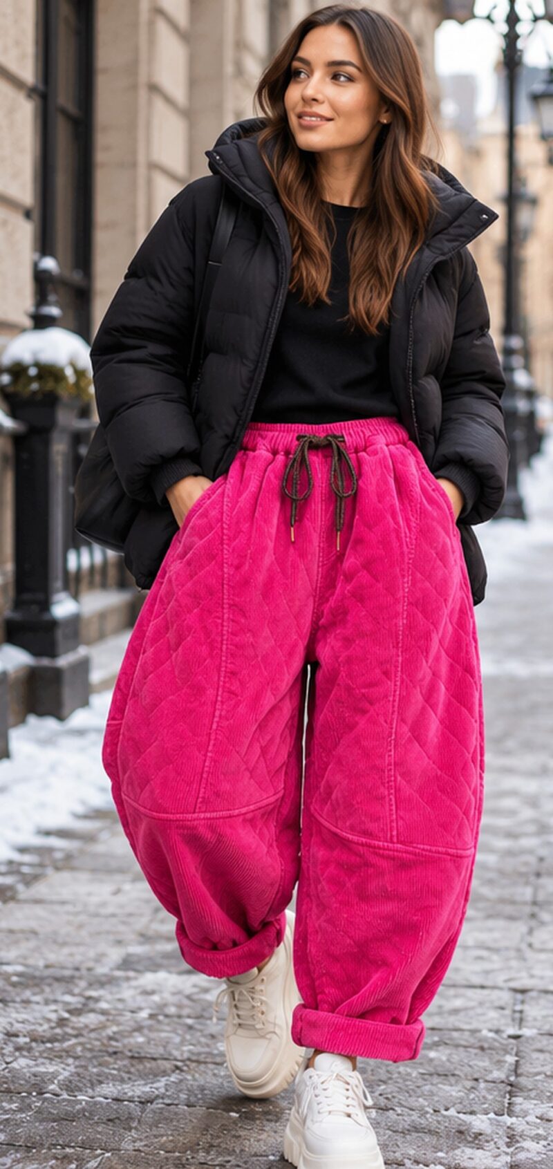Spodnie damskie sztruksowe pikowane z podszewką, haremki na gumce - modelka na zimowej ulicy miasta, krótka kurtka puchowa, sneakersy na platformie