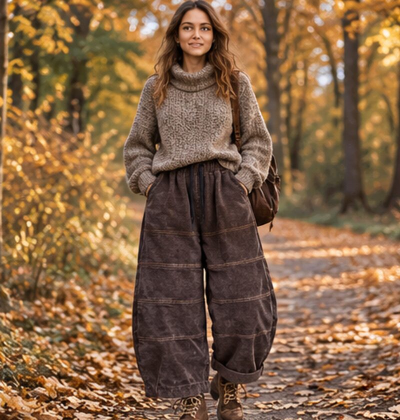 Spodnie damskie sztruksowe szerokie na gumce, bawełna, do kostek - modelka na leśnej ścieżce jesienią, gruby sweter, buty trekkingowe