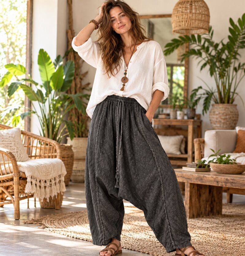 Spodnie haremki damskie z bawełny i lnu, luźne, do kostek, na gumce - jasne mieszkanie w stylu boho, modelka w lnianej koszuli