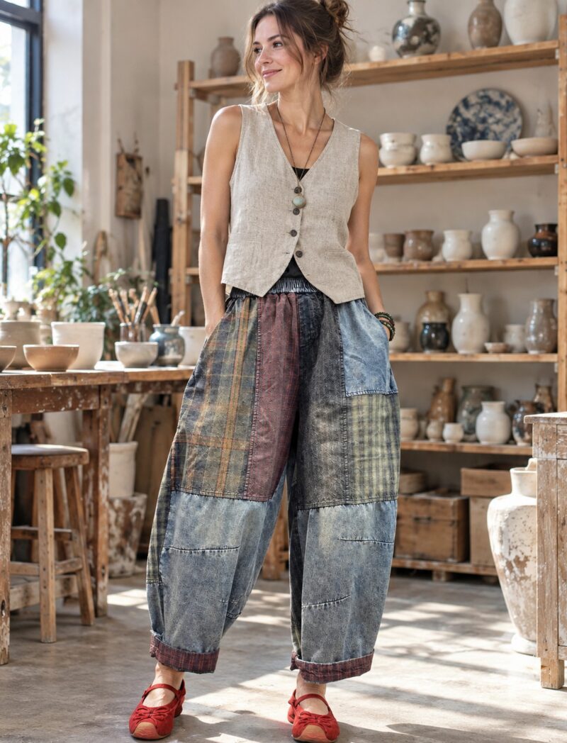 Spodnie haremki damskie jeansowe patchwork, gumka w pasie, jeden rozmiar - modelka w spodniach i lnianej kamizelce w jasnej pracowni ceramicznej z drewnianymi półkami, dzienne światło