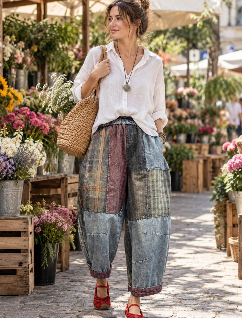 Spodnie haremki damskie jeansowe patchwork, gumka w pasie, jeden rozmiar - modelka w spodniach patchwork na targu kwiatowym, lniana koszula