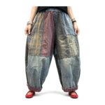 Spodnie haremki damskie jeansowe patchwork, gumka w pasie, jeden rozmiar - zdjęcie główne