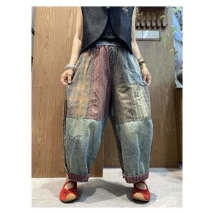 Spodnie haremki damskie jeansowe patchwork, gumka w pasie, jeden rozmiar - wariant wariant