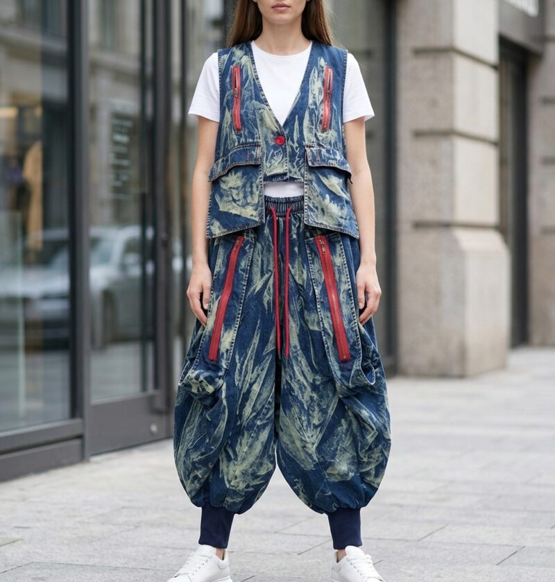 Spodnie haremki jeansowe i kamizelka do kompletu, sprany denim, zamki - miejska ulica, modelka w niebieskim komplecie