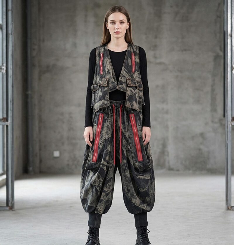 Spodnie haremki jeansowe i kamizelka do kompletu, sprany denim, zamki - industrialne studio, modelka w czarnym spranym komplecie (ref g01)