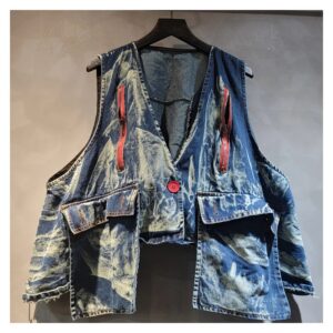 Spodnie haremki jeansowe i kamizelka do kompletu, sprany denim, zamki - wariant kamizelka, niebieski, XL