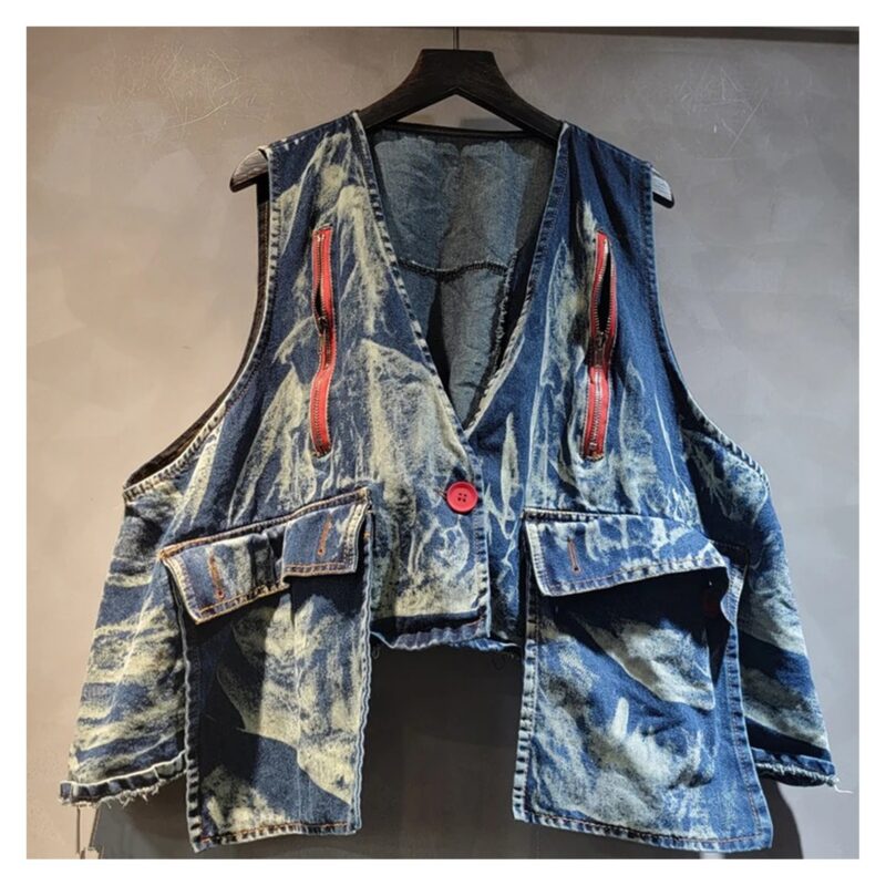 Spodnie haremki jeansowe i kamizelka do kompletu, sprany denim, zamki - wariant kamizelka, niebieski, XL