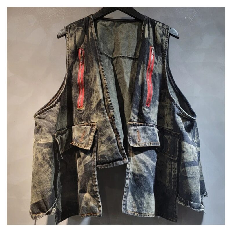 Spodnie haremki jeansowe i kamizelka do kompletu, sprany denim, zamki - wariant kamizelka, czarny, L