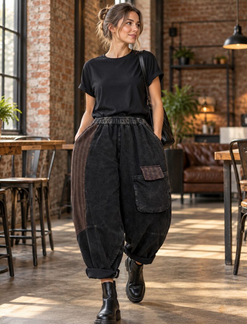 Spodnie sztruksowe damskie patchwork, balonowe, wysoki stan na gumce - industrialna kawiarnia, modelka w czarnym T-shircie i sztybletach