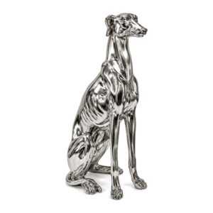 Srebrna figurka psa charta z żywicy 54 cm, nowoczesna rzeźba do salonu - figurka z przodu na białym tle, bez linii wymiarów i liczb
