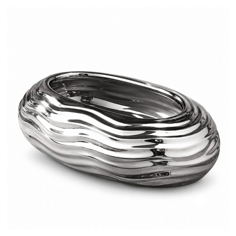 Srebrna owalna misa ceramiczna na kwiaty z falami, 24 lub 18 cm - wariant 24 x 16 x 8 cm