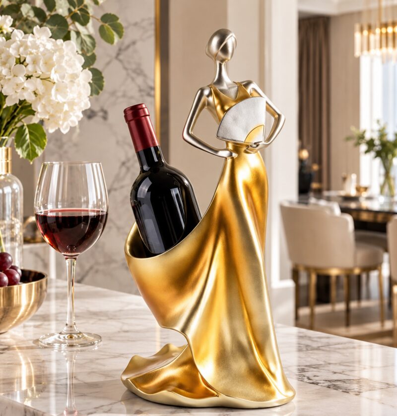 Stojak na wino w kształcie kobiety w sukni, figurka z żywicy 33 cm - jasna jadalnia w stylu glamour, figurka z butelką czerwonego wina na marmurowym blacie barku, obok dwa kieliszki, realistyczna skala 33 cm