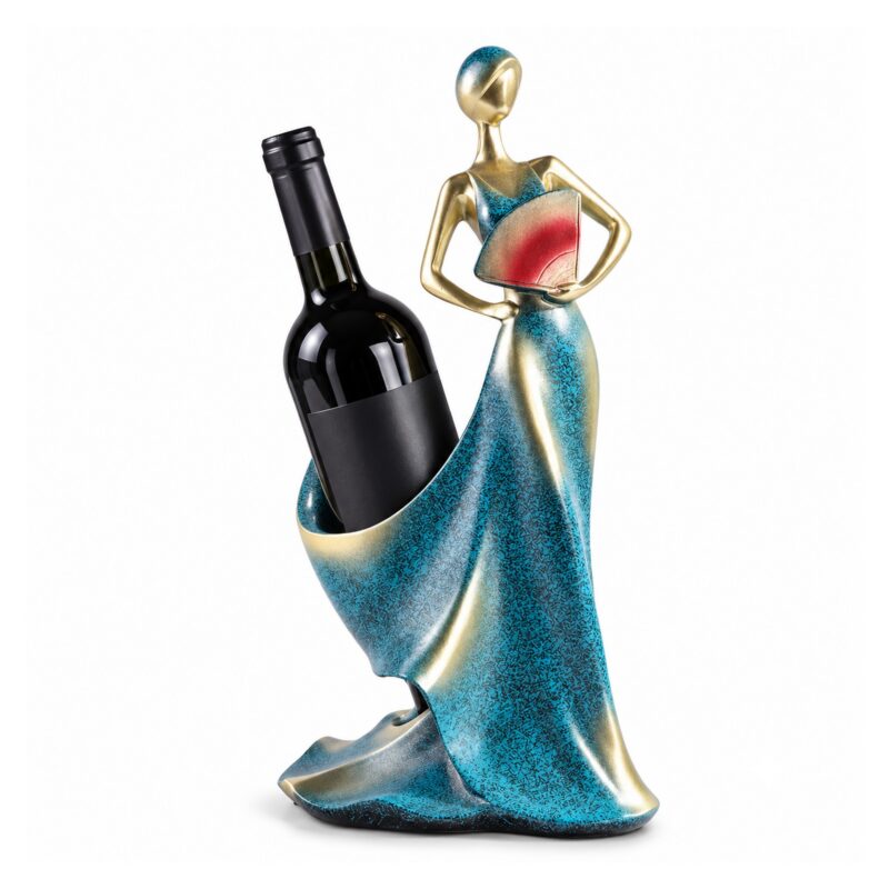 Stojak na wino w kształcie kobiety w sukni, figurka z żywicy 33 cm - wariant niebieski
