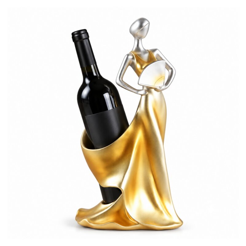 Stojak na wino w kształcie kobiety w sukni, figurka z żywicy 33 cm - wariant srebrno-złoty