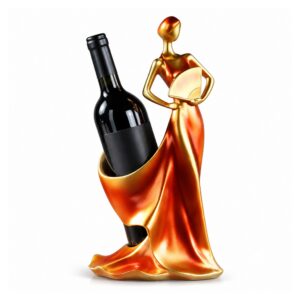 Stojak na wino w kształcie kobiety w sukni, figurka z żywicy 33 cm - wariant czerwono-pomarańczowy