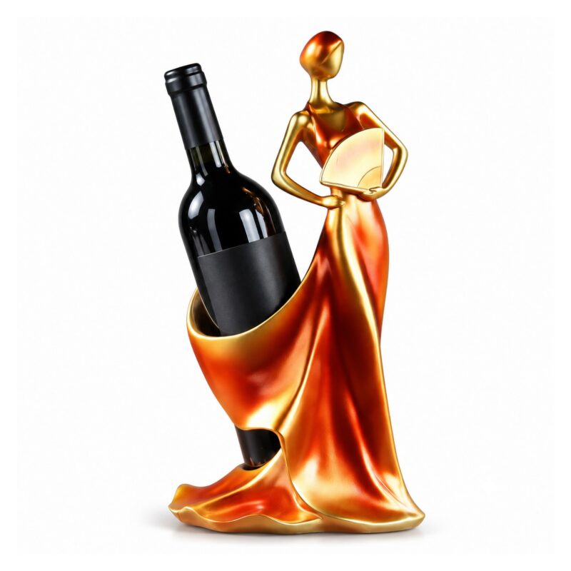 Stojak na wino w kształcie kobiety w sukni, figurka z żywicy 33 cm - wariant czerwono-pomarańczowy