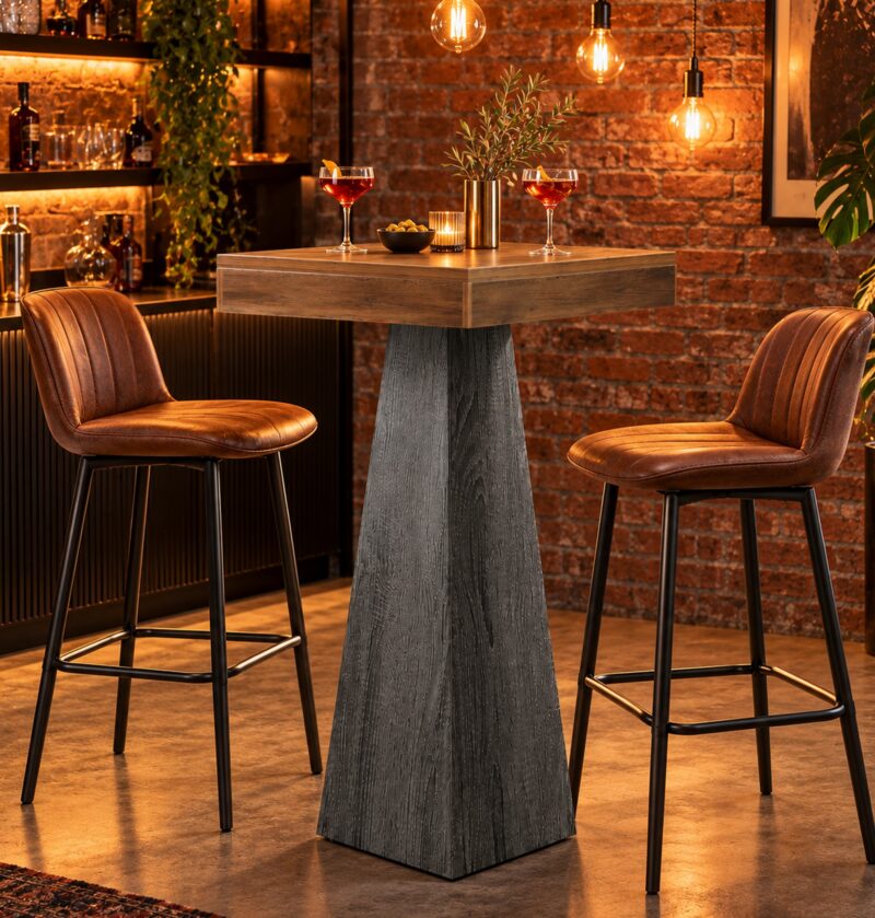 Stolik barowy 60 x 60 x 101 cm, brązowy blat i szara podstawa - domowy bar przy ceglanej ścianie z ciepłym światłem