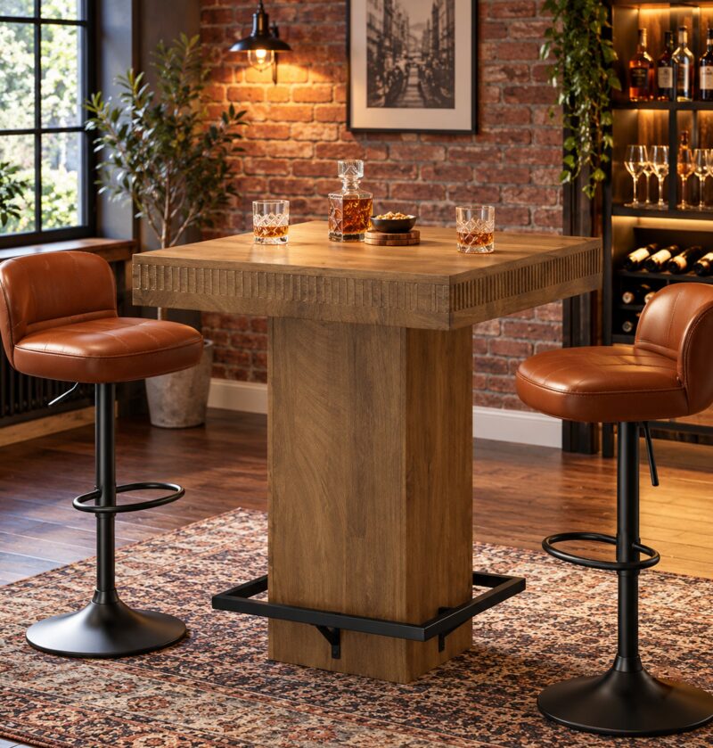 Stolik barowy kwadratowy 80 x 80 cm, wysokość 95 cm, z podnóżkiem - domowy bar z ceglaną ścianą i hokerami