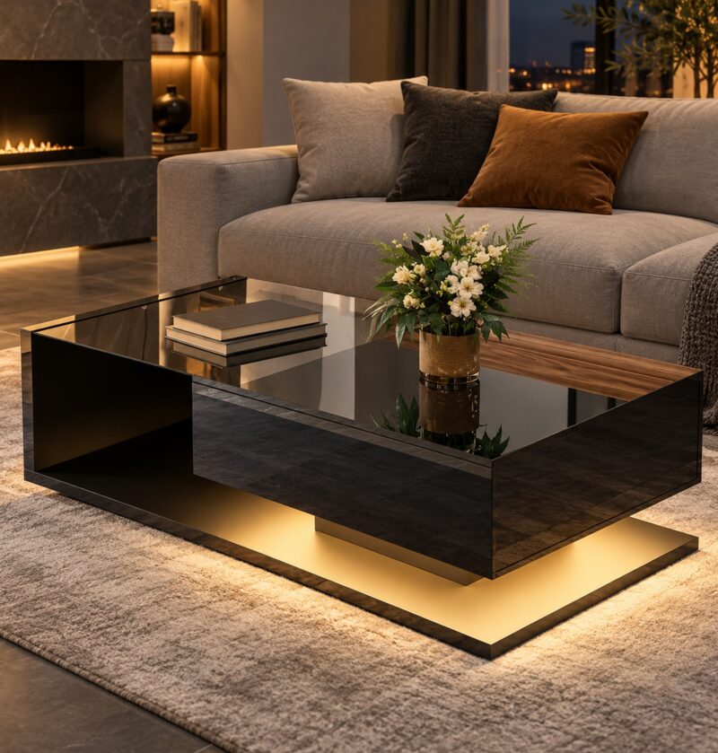 Stolik kawowy czarny połysk z szufladą, szklanym blatem i LED 105 cm - minimalistyczny salon wieczorem, ciepłe podświetlenie LED