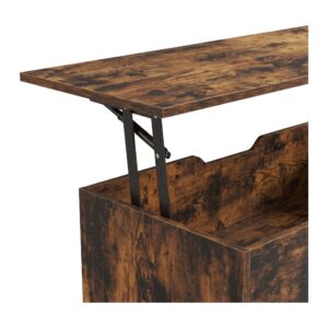 Stolik kawowy z podnoszonym blatem 80 x 40 cm, schowek i półki, brązowy - detal: metalowy mechanizm podnoszenia blatu, na białym tle