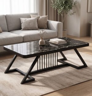 Stolik kawowy szklany ze wzorem marmuru, metalowa rama, wys. 45 cm - nowoczesny salon z jasną sofą, wersja z czarnym szkłem
