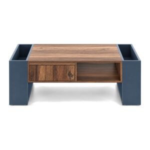 Stolik kawowy z szufladą i schowkami bocznymi 111 x 60 cm, dekor drewna - stolik od przodu pod kątem, szuflada zamknięta