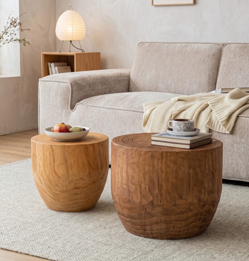Stolik pomocniczy pień z litej sosny, okrągły, 40-60 cm, wabi-sabi - jasny salon w stylu japandi z lnianą sofą, dwa naturalne stoliki 50 i 40 cm
