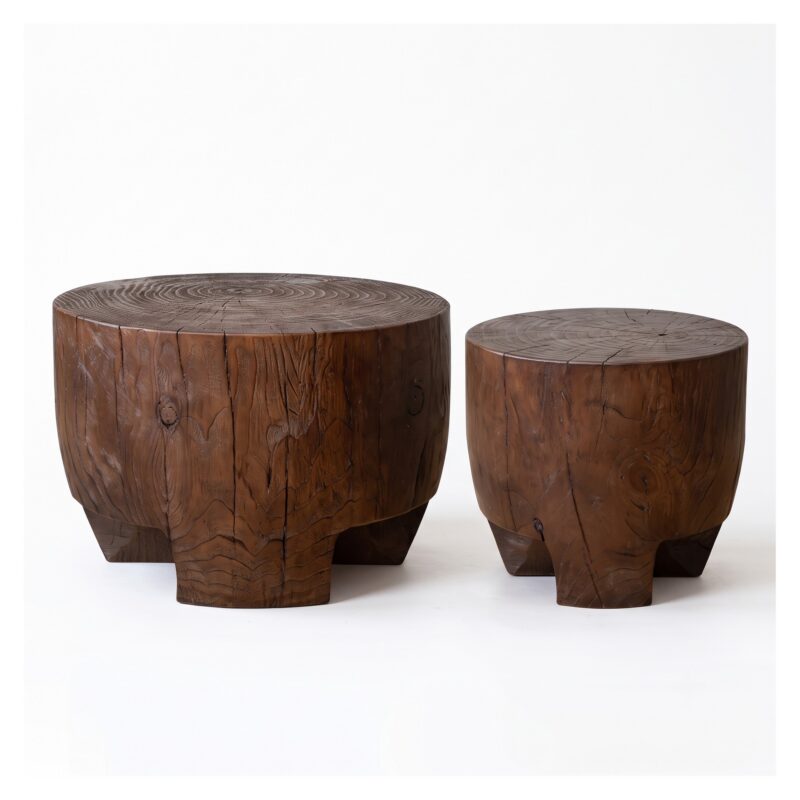 Stolik pomocniczy pień z litej sosny, okrągły, 40-60 cm, wabi-sabi - wariant ciemnobrązowy, zestaw 60 + 40 cm