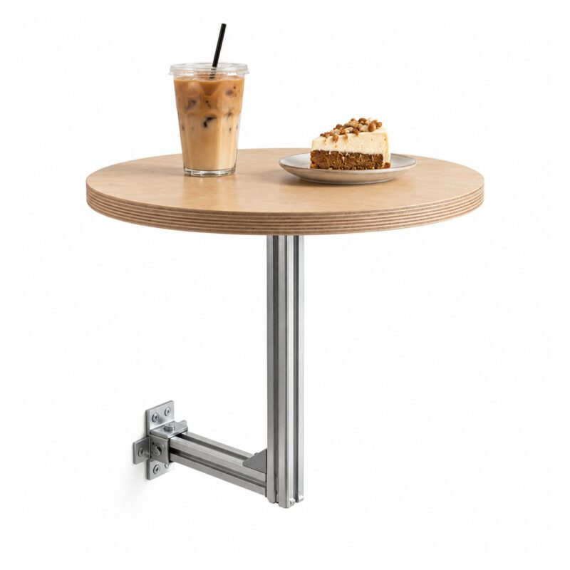 Stolik ścienny okrągły na aluminiowym wsporniku, drewniany blat - wariant 30 cm