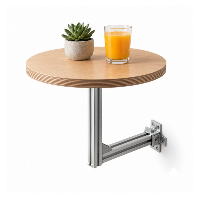 Stolik ścienny okrągły na aluminiowym wsporniku, drewniany blat - wariant 40 cm