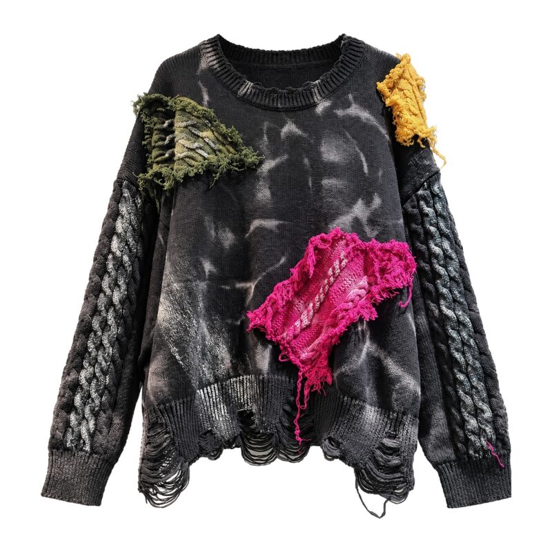 Sweter damski oversize z kolorowymi łatami z przędzy, czarny tie-dye - zdjęcie główne